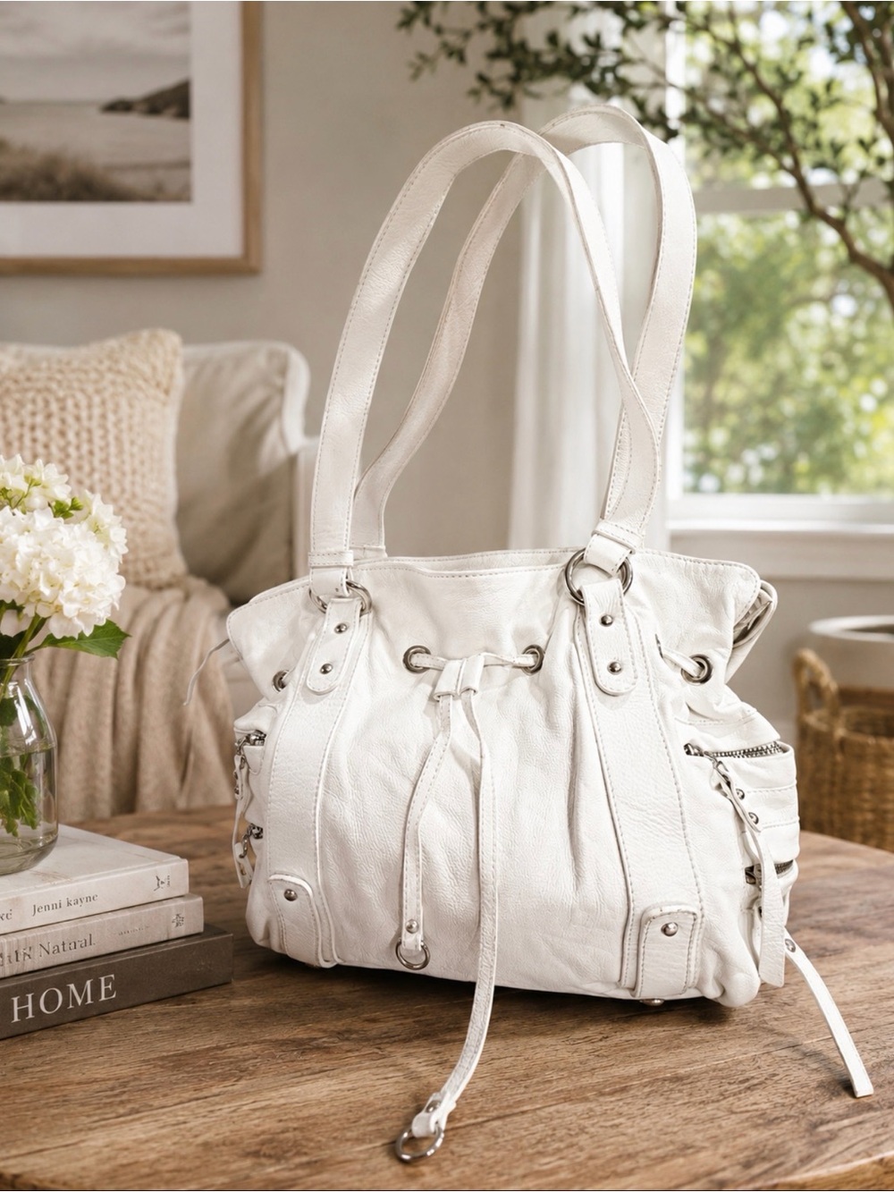 White Leather Drawstring Shoulder Bag
